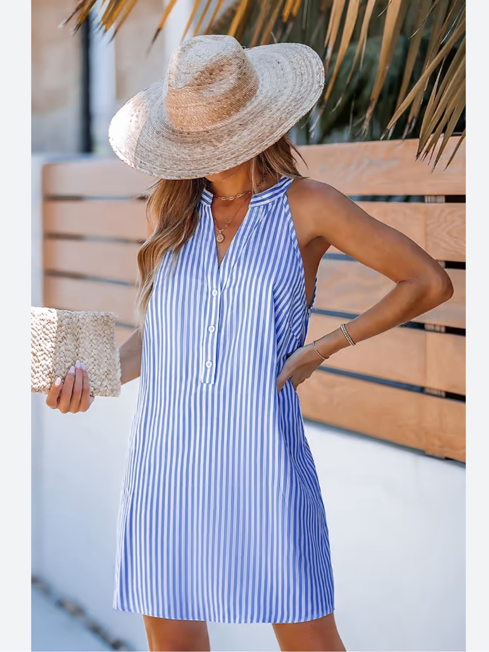 NWT CupShe Blue and White Striped Sleeveless Mini Shift Dress- size L